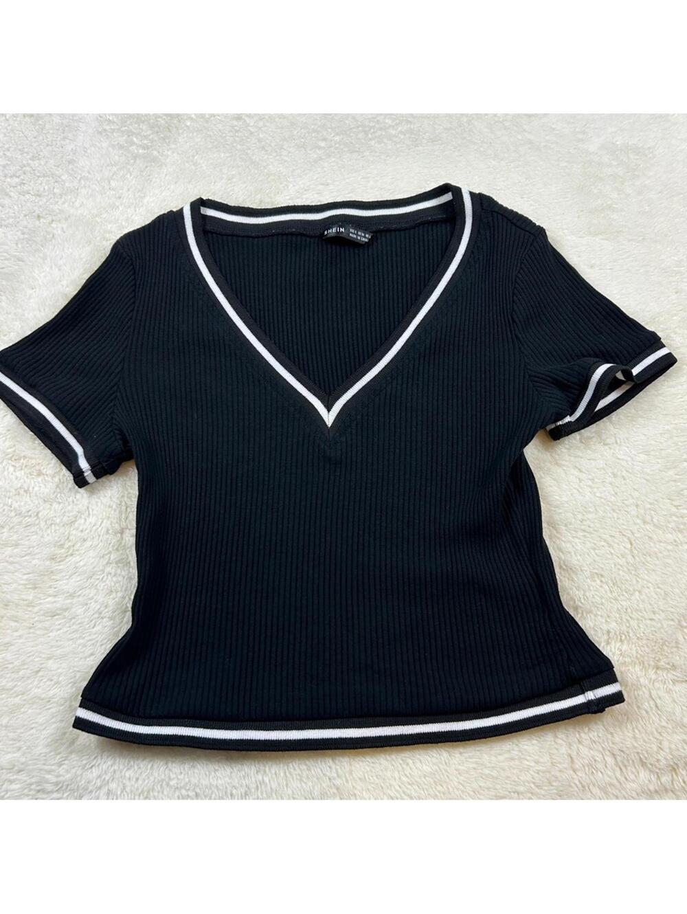 SHEIN Women’s Black Ribbed V-Neck Top White Contrast Trim Short Sleeve Y2K Tee